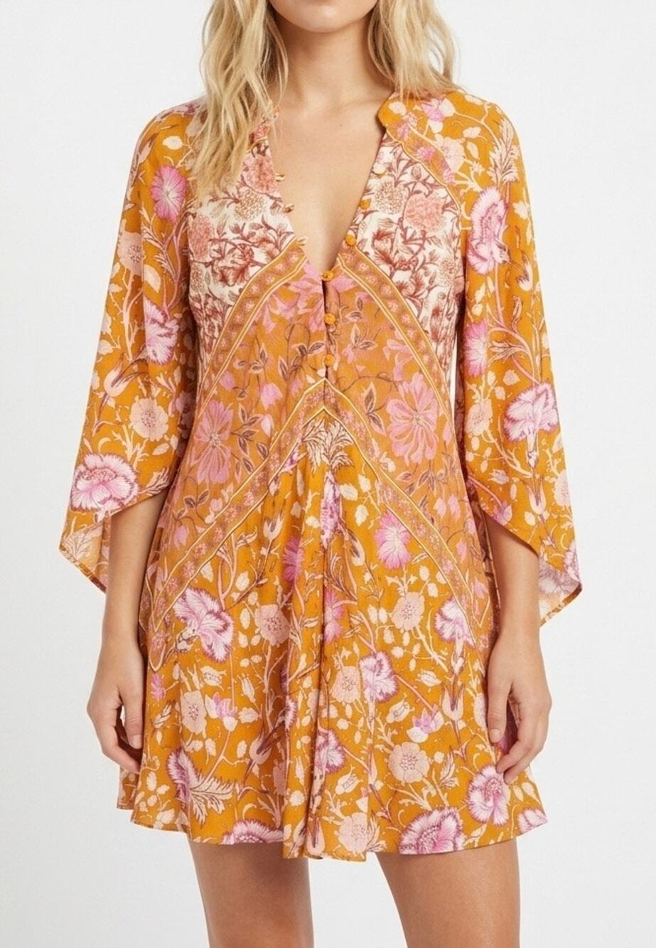 Jen's Pirate Booty Mini Dress Orange Floral Baroque Long Sleeve Size XS